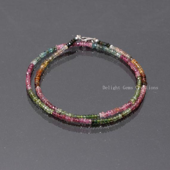 Multi Tourmaline Necklace, 3mm-3.5mm Watermelon Tourmaline Faceted Rondelle Beads Necklace, Aaa++ Quality Multi Tourmaline Beaded Necklace