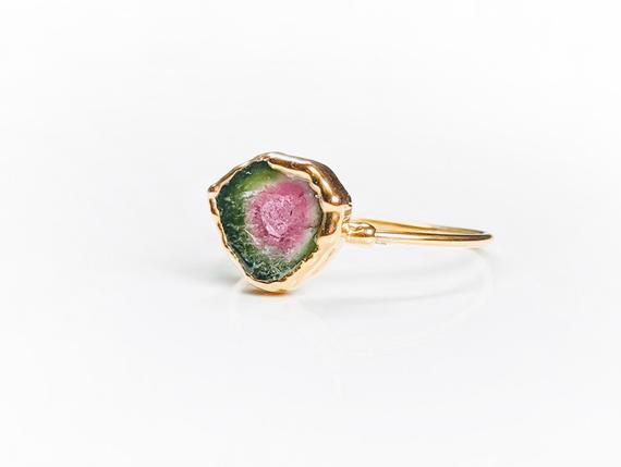 Raw Watermelon Tourmaline Ring, October Birthstone, Raw Gemstone Ring, Bi-color Tourmaline Ring, Tourmaline Jewelry, Unique Promise Ring