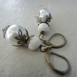 White Earrings, Bronze Earrings, White Pearl and White Magnesite Earrings (E112) | Natural genuine Magnesite earrings. Buy crystal jewelry, handmade handcrafted artisan jewelry for women.  Unique handmade gift ideas. #jewelry #beadedearrings #beadedjewelry #gift #shopping #handmadejewelry #fashion #style #product #earrings #affiliate #ad