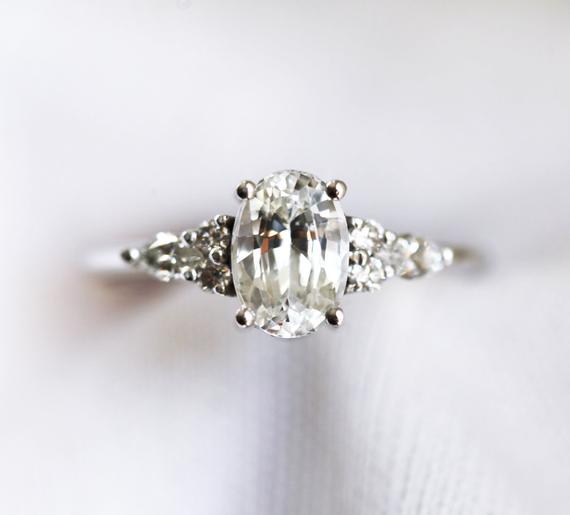 White Sapphire Diamond Ring, White Sapphire Engagement Ring Oval Cut, Gold Diamond Ring 1.5ct White Sapphire Ring