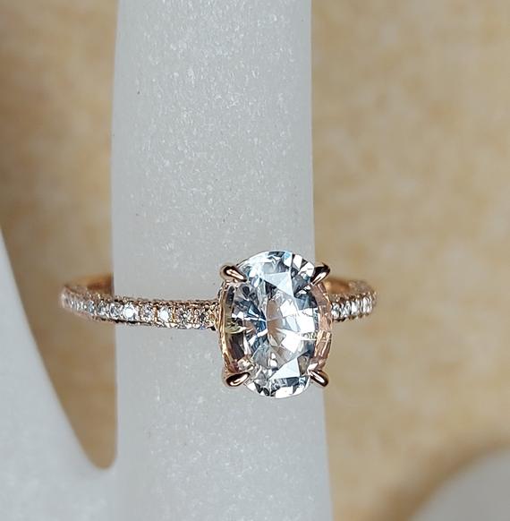 White Sapphire Engagement Ring Oval Cut, Blake Lively Ring Natural Certified 14k Rose Gold Diamond Ring, 2 Ct White Sapphire Ring.