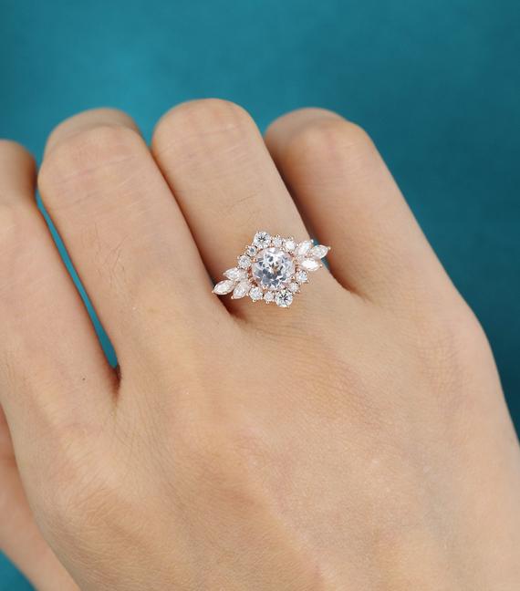 White Sapphire Engagement Ring Rose Gold Unique Flower Engagement Ring Vintage Marquise Cut Moissanite Wedding Antique Bridal Gift For Women