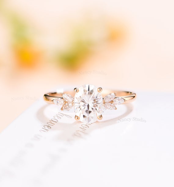 White Sapphire Engagement Ring Unique Engagement Ring Vintage Antique Engagement Ring Oval Solid Rose Gold Marquise Diamond/moissanite Ring