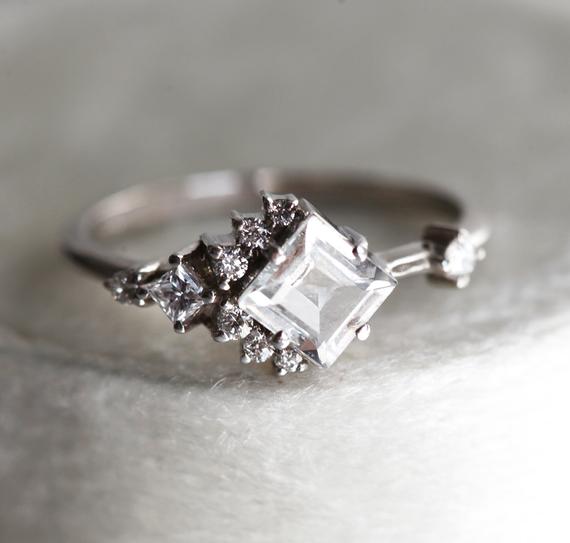 White Sapphire Engagement Ring, Sapphire Diamond Ring, Unique White Gold Sapphire Cluster Ring With White Princess Sapphire And Diamonds