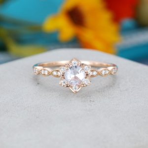 Shop White Sapphire Jewelry! White sapphire engagement ring rose gold Unique Flower engagement ring vintage Half eternity diamond wedding women Bridal Anniversary gift | Natural genuine White Sapphire jewelry. Buy handcrafted artisan wedding jewelry.  Unique handmade bridal jewelry gift ideas. #jewelry #beadedjewelry #gift #crystaljewelry #shopping #handmadejewelry #wedding #bridal #jewelry #affiliate #ad