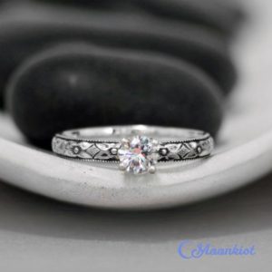 Vintage Inspired Silver Moissanite Engagement Ring, Art Deco Engagement Ring for Women, Diamond Alternative | Moonkist Designs | Natural genuine Gemstone jewelry. Buy handcrafted artisan wedding jewelry.  Unique handmade bridal jewelry gift ideas. #jewelry #beadedjewelry #gift #crystaljewelry #shopping #handmadejewelry #wedding #bridal #jewelry #affiliate #ad