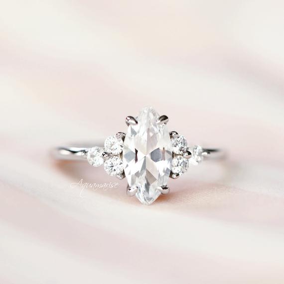 Marquise White Sapphire Engagement Ring Set In 925 Sterling Silver- Unique Diamond Petite Bridal Ring Set September Birthstone- Gift For Her