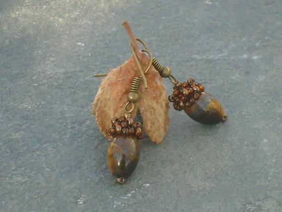 Winter Acorns Gemstone Earrings, Tiger Iron Gemstone And Czech Seed Bead Earrings On Bronze Finish Hooks, Uk Seller
