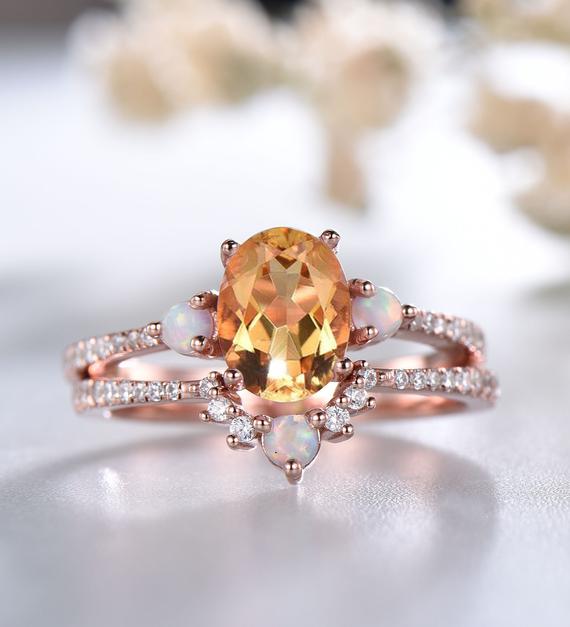 Yellow Citrine Ring, November Birthstone, Oval Citrine Engagement Ring, Curved Opal Stacking Ring, Rose Gold Wedding Ring Set, Bridal Set