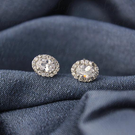 Natrual Zircon Earrings-statement Studs Earrings -halo Oval Earrings-crystal Stone-delicate Earrings-bridal Gift-wedding Jewels-925 Silver