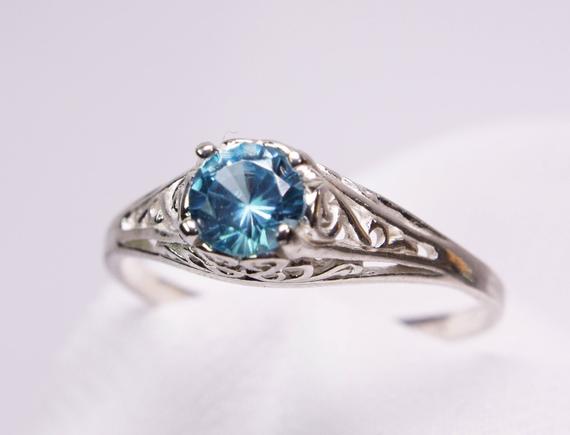 Blue Zircon Ring, Genuine Gemstone 5mm Round .60ct, Filigree Style, 925 Sterling Silver Solitaire Ring