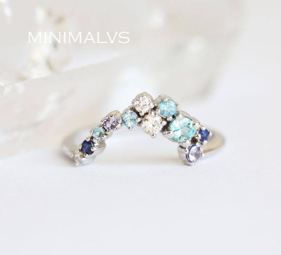Multistone Wedding Band, Cluster Wedding Band, Unique Ring With Diamond Sapphire Blue Zircon