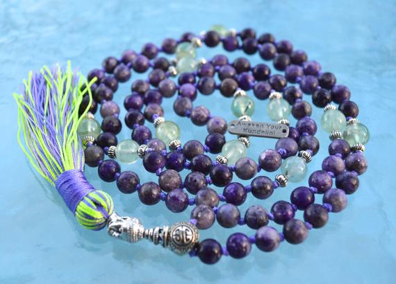 108 Genuine Knotted Lepidolite And Prehnite Mala Beads Necklace, Energized Lepidolite Mala, 8 Mm Lepidolite Necklace, Purple And Green Mala