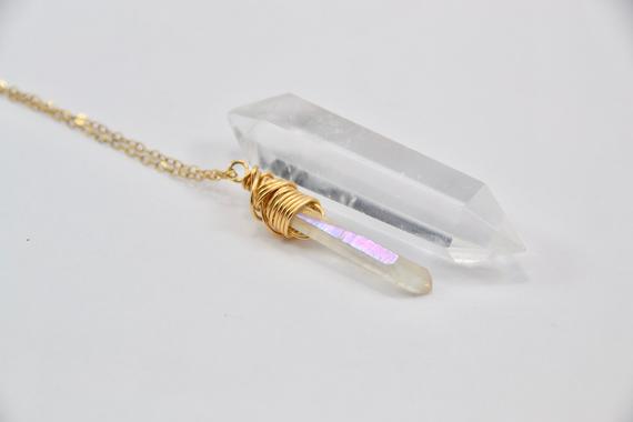 14k Gold Filled Angel Aura Quartz Necklace | Raw Wire Wrapped Aura Quartz Necklace | Dainty Minimalist Necklace | Raw Quartz Point  | Gf