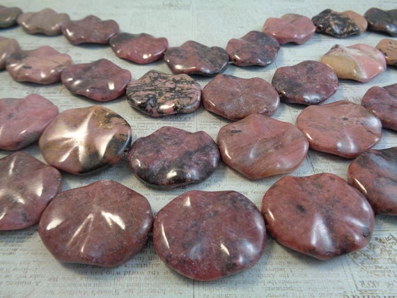 2 Pink Rhodonite Dimpled Flat Oval Shaped Stone Beads 32x28x5mm Smooth Finish Stone Bead Pink Gray Rhodonite Dimpled Pink Stone Beads #s1453