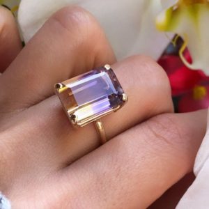Shop Ametrine Jewelry! Ametrine Ring, 14k Yellow Gold, Citrine Amethyst Ring, Natural Ametrine Solitaire Ring, Emerald cut Ametrine, Women's Vintage Ametrine | Natural genuine Ametrine jewelry. Buy crystal jewelry, handmade handcrafted artisan jewelry for women.  Unique handmade gift ideas. #jewelry #beadedjewelry #beadedjewelry #gift #shopping #handmadejewelry #fashion #style #product #jewelry #affiliate #ad