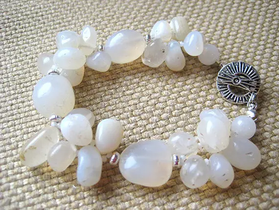 Boho, Chunky White "jade" Agate Bracelet. Luminous Gemstones Catch The Light And Glow! Silver Accents. Everyday Style