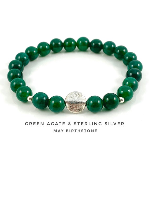 May Birthstone, Green Agate Bracelet, Sterling Silver.