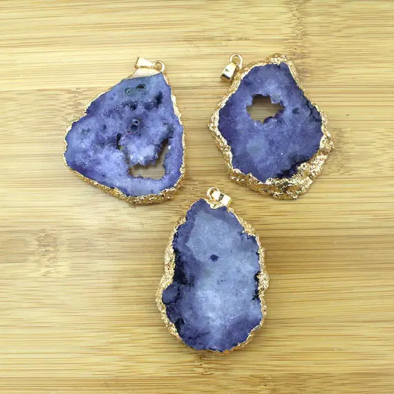 Wholesale Purple Agate Geode Druzy Pendant,slab Gold Plated Druzy Geode Agate Slab Pendant ,necklace Charm-tr140