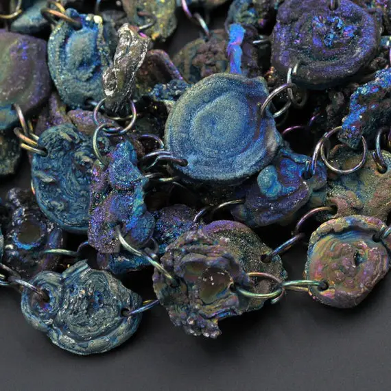 Metallic Rainbow Peacock Blue Green Rose Chalcedony Druzy Galaxy Flower Drusy 2 Hole Drilled Beads Free Form Agate Druzy Geode 15.5" Strand