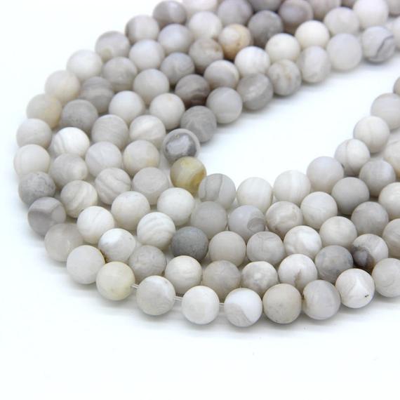 Natural Matte White Agate Beads 6 8mm 10mm White Gemstone Cream Beads White Mala Beads White Lace Agate Beads Light Gray White Striped Beads