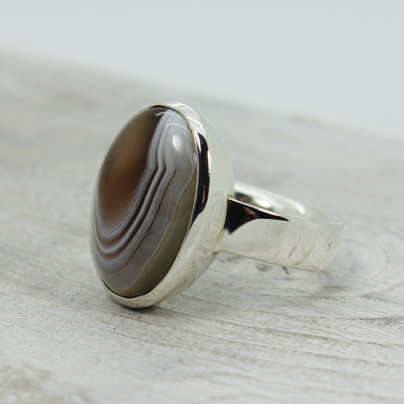 Botswana Agate Ring Oval Shape Delicate Agate Stone Set On 925 Sterling Silver Natural Botswana Agate Cab Stone