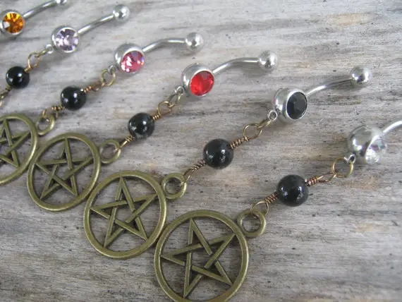 Pick One Pentacle Belly Ring, Bronze Agate Belly Button Ring, Birthstone Piercing, Wicca Body Jewelry, Supernatural Pentagram Navel Ring