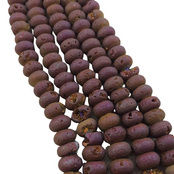 10mm Matte Finish Premium Purple/bronze Titanium Druzy Agate Rondelle Shaped Beads With 1mm Holes - Sold By 7.75" Strands (approx. 33 Beads)