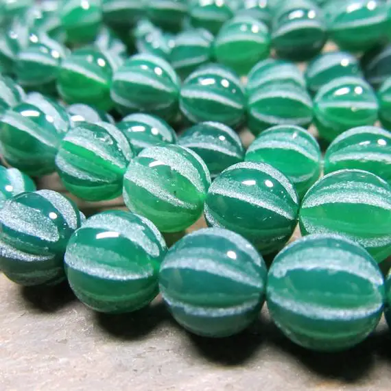 Agate Beads 10mm Shiny Kelly Green Hand Carved In Matte White Round Melon Beads - 8 Pieces