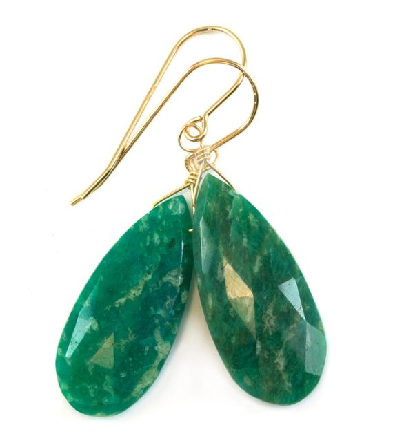 Amazonite Earrings Dark Blue Green Faceted Teardrops Long Sterling Silver Or 14k Solid Gold Or Filled Natural Color Large Spyglass Designs