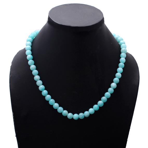Aaa++ Quality Amazonite Beaded Necklace, 7-7.5mm Amazonite Smooth Round Beads Necklace,175 Cts. Handmade Beaded Silver Necklace,gift For Her