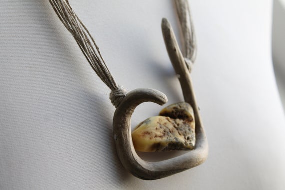 Drift Wood Necklace With Raw White Amber Wild Driftwood Jewelry