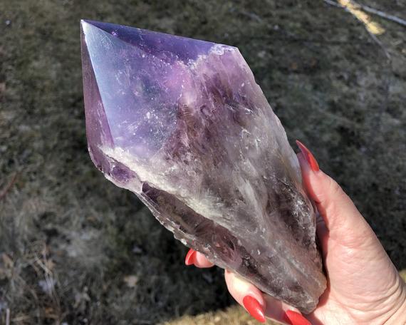 9" Bahia Smoky Amethyst Crystal Point #3 Large Polished Termination And Raw Sides Big Amethyst Wand, Bright Purple, February Birthstone Gift