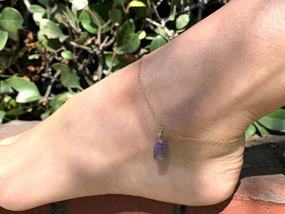 Raw Amethyst Anklet Gold, Silver Empath Protection Jewelry, Rough Purple Crystal Anklet, Purple Gemstone Ankle Bracelet, Mothers Day Gifts