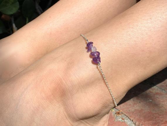 Raw Amethyst Anklet Silver Or Gold Simple Crystal Ankle Bracelet For Women, February Birthstone Jewelry Gift For Her, Purple Gemstone Anklet