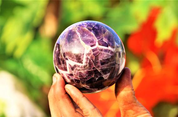 85mm Blue Amethyst Quartz Crystal Sphere Reiki Charged Chakra Balancing Gemstone For Meditation & Anxiety Relief Spiritual Gothic Home Décor