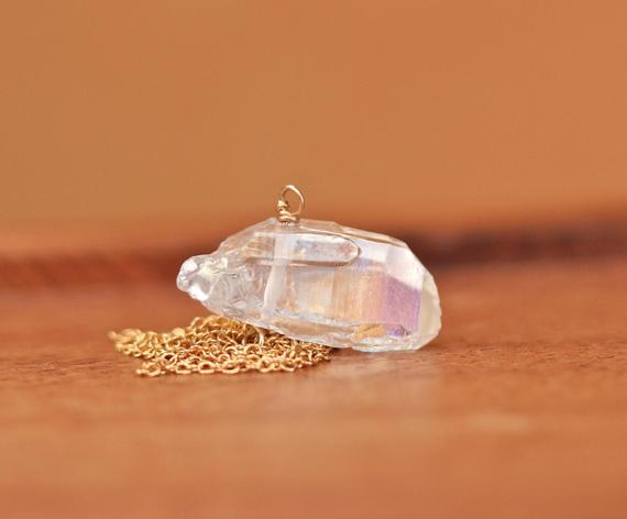 Angel Aura Crystal Necklace - Aura Quartz - Rainbow - Raw Crystal - An Angel Aura Crystal Wire Wrapped Onto A 14k Gold Vermeil Chain
