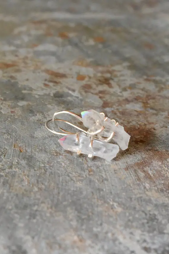 Angel Aura Crystal Point Jewelry, Raw Rainbow Quartz Earrings, French Ear Wire Dangle Earrings, Unique Bridal Shower Or Wedding Day Luxury