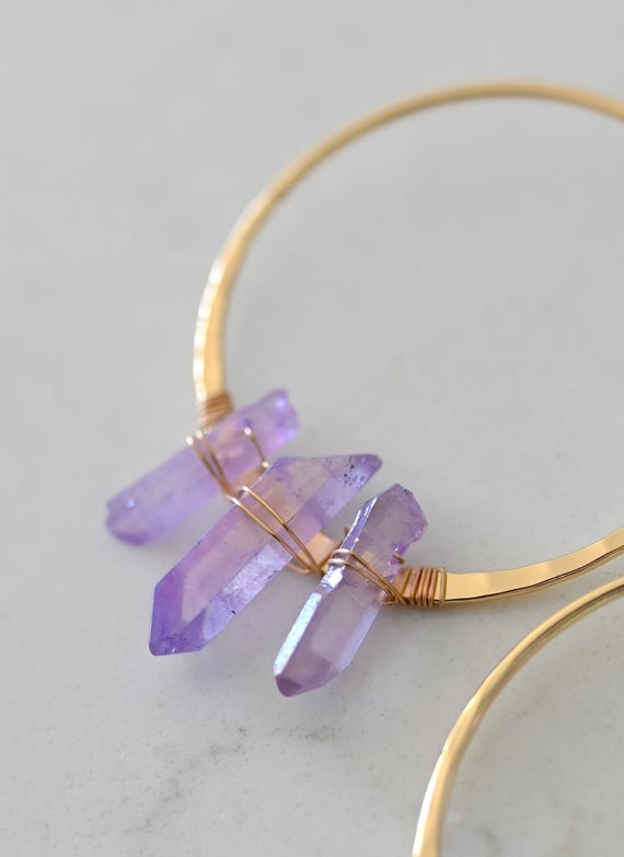Aura Quartz Crystal Gold Hoop Earrings - Boho Earrings - Purple Stone Earrings - Bridal Earrings-bride Jewelry-sister Gift-handmade Earrings