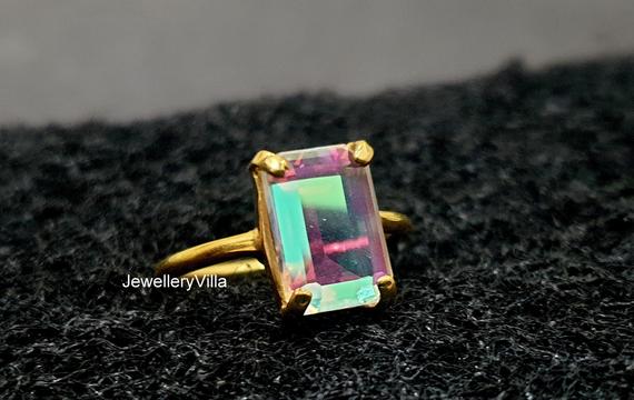 Angel Aura Quartz Ring, Beautiful Cushion Cut Aura Quartz Gemstone, 925 Solid Sterling Silver Ring, Women Ring, Gift Ring, Yellow Gold Fill