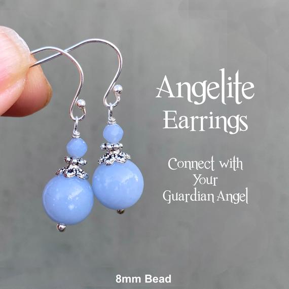 Angelite Earrings, Connect With Your Guardian Angel, Sterling Silver Shepherd Hook Or Lever Back Protection Earrings, Throat Chakra