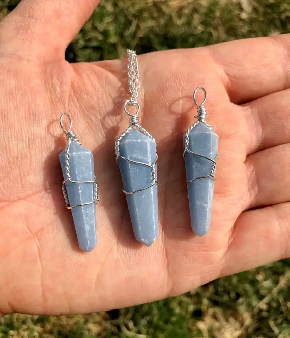Angelite Pendant (anhydrite) From Peru - Wire Wrapped Angelite - Blue Anhydrite Crystal - Polished Point Pendant - Angelite Jewelry