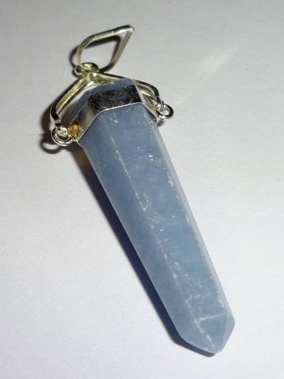 Natural Angelite Crystal Healing Cut Gemstone Point Pendant With Decorative Swinging Silver Metal Bail