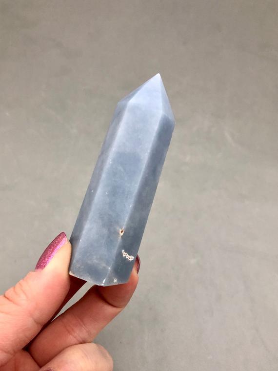 Angelite Crystal Point (3 1/4" Tall) For Crystal Grids, Throat Chakra Crystal, Connection To Angelic Realm & Spiritual Growth, Metaphysical