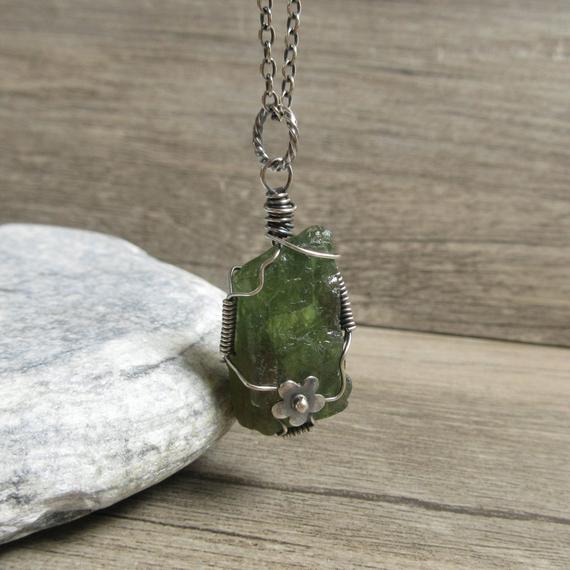 Green Apatite Pendant, Rough Apatite Necklace, Sterling Silver, Raw Natural Quartz, Tiny Flower, Wire Wrap Jewelry
