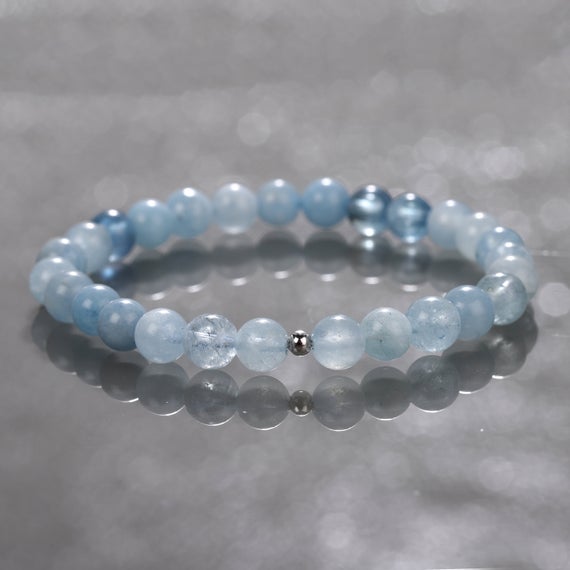 Aquamarine Stone Beads Bracelet, Aquamarine Bracelet, March Birthstone, Beaded 925 Sterling Silver Blue Aquamarine Gemstone Healing Bracelet