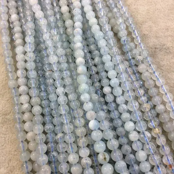 4-5mm Glossy Finish Natural Light Blue Aquamarine Round/ball Shaped Beads With 1mm Holes - Sold By 15.75" Strands (approximately 88 Beads)