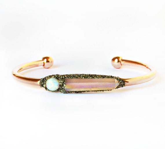 Charm Bracelet Opal, Australian Opal Cabochon And Angel Aura Quartz Crystal Bracelet