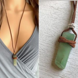 Green Aventurine Necklace, Crystal Healing Necklace, Boho Crystal Necklace Brown Cord, Mens Crystal Necklace, Raw Aventurine Jewelry | Natural genuine Gemstone necklaces. Buy handcrafted artisan men's jewelry, gifts for men.  Unique handmade mens fashion accessories. #jewelry #beadednecklaces #beadedjewelry #shopping #gift #handmadejewelry #necklaces #affiliate #ad