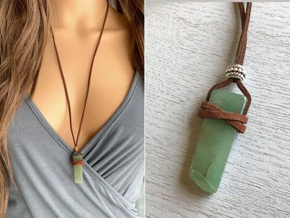 Green Aventurine Necklace, Raw Crystal Necklace, Boho Gemstone Necklace Brown Cord Mens Crystal Necklace, Birthday Gift For Sister, Friends